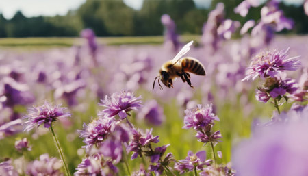 A close-up photo of a bee approaching purple flowers in a field, with a blurred green and purple background. Concept of nature and pollination. AI generativeの素材