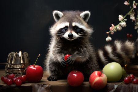 A cute raccoon holding a cherry, surrounded by various fruits on a wooden table. Dark background. Concept of wildlife and natureの素材