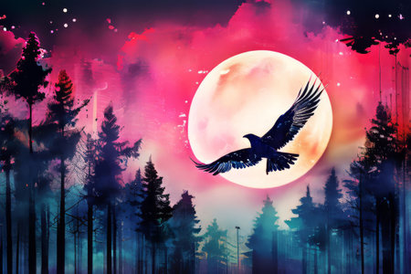 A bird is flying over a large red moon in a forest. The sky is filled with stars and the moon is surrounded by a pinkish hue. Concept of wonder and mysteryの素材