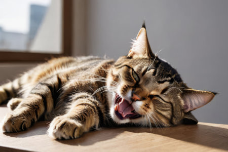 A cat is sleeping on the table with its mouth open. The cat appears to be in relaxed and content stateの素材