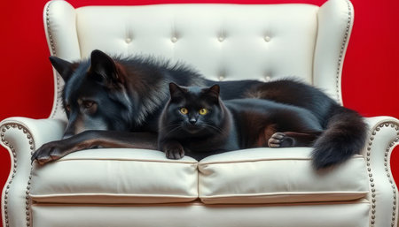 A black dog and cat are laying on white couchの素材