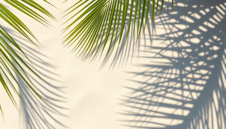 A palm tree casts a shadow on a white background. The shadow is long and thin, stretching across the entire image. The palm tree is the main focus of the image, and the shadow adds depthの素材