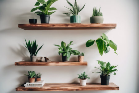 A shelf with many potted plants on it. The plants are of different sizes and colors. The shelf is made of wood and is placed against a white wallの素材