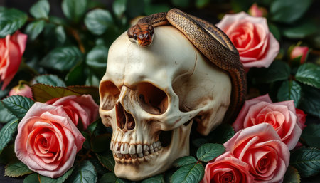 A skull with a snake on top of it is surrounded by pink roses. The image has a creepy and eerie vibe, with the skull and snake adding a sense of danger and the roses providing a touch of beautyの素材