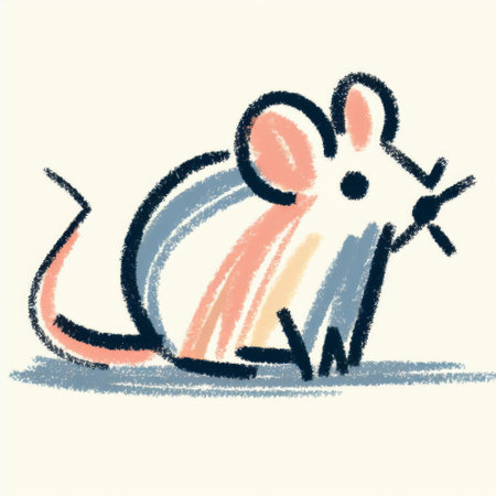 A cartoon drawing of a mouse with blue and pink stripe on its back. The mouse is sitting on the groundの素材