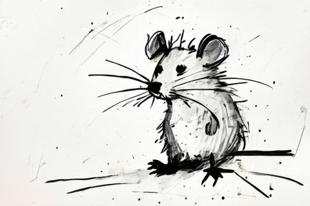 A small mouse with a long nose and big ears sits on a white background. The image is a simple drawing of a mouse, but it conveys a sense of curiosity and funの素材