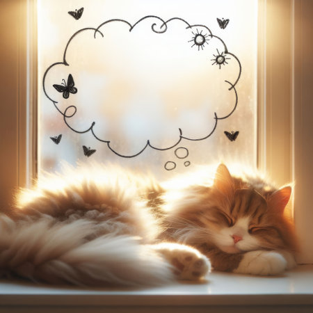 A cat is sleeping in a window with a cloud and butterflies drawn on the glass. The cat is curled up and he is in a peaceful stateの素材