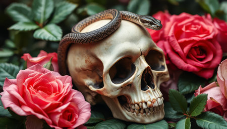 A skull with a snake on top of it is surrounded by red roses. The skull and snake give off a creepy vibe, while the roses add a touch of romance and beautyの素材