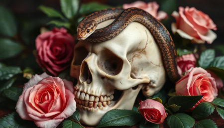 A skull with a snake on top of it is surrounded by pink roses. The image has a creepy and eerie vibe, with the snake and skull being the main focus. The pink roses add a touch of colorの素材