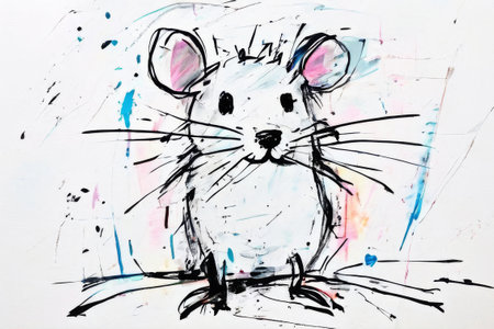 A white mouse with pink ears and a pink nose is sitting on a table. The mouse is drawn in black and white, and the background is a mix of blue and pink. The image has a playful and whimsical moodの素材