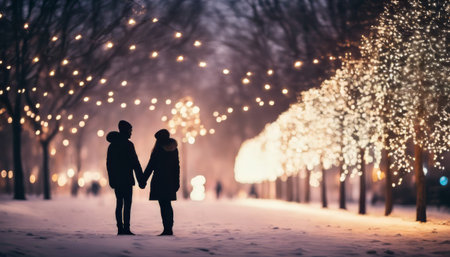 A couple is walking in the snow with their hands clasped together. The scene is set in a city with lights and trees in the background. Scene is romantic and peacefulの素材
