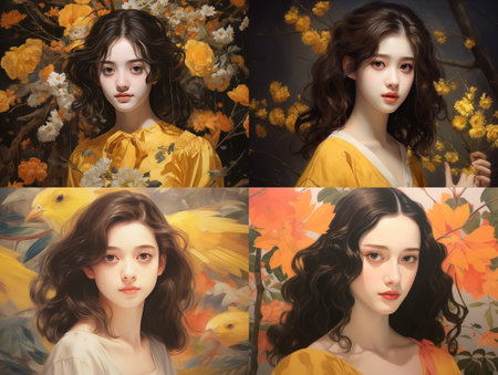 Four paintings of women with long hair and yellow dresses. women are all smiling and holding flowersの素材