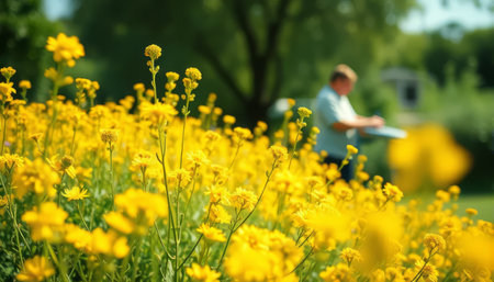A man is watering a field of yellow flowers. The flowers are in full bloom and the man is using a watering can to water them. The scene is peaceful and sereneの素材