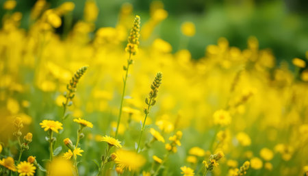 A field of yellow flowers with a bright, sunny atmosphere. The flowers are scattered throughout the field, with some in the foreground and others in the background. Scene is cheerful and upliftingの素材