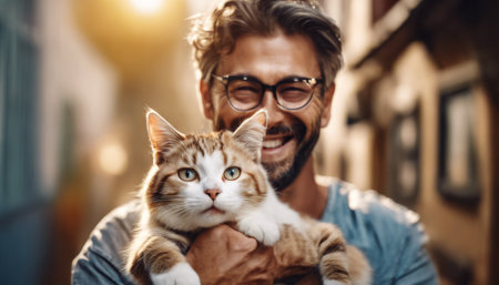 A man is holding a cat and smiling. The cat is orange and white. The man is wearing glassesの素材