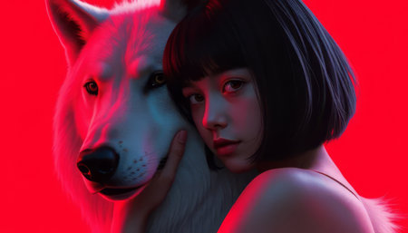 A woman is hugging a white wolf. The wolf has a black nose and a black eyeの素材