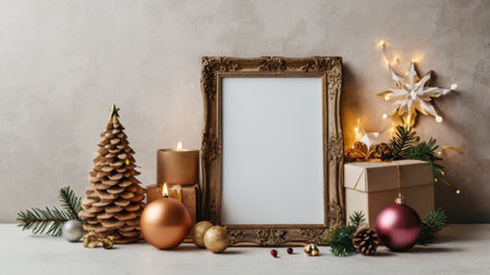 A Christmas tree, a white frame, and a box of presents are displayed on a table. The frame is empty, and the tree and presents are arranged in a festive manner. Scene is warm and invitingの素材