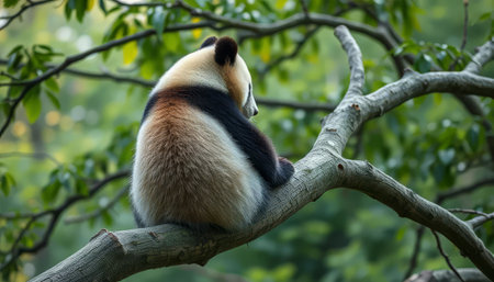 A panda bear is sitting on a tree branch. The bear is looking down at the groundの素材