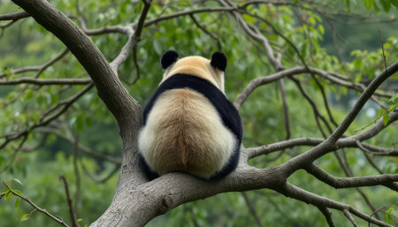A panda bear is sitting on a tree branch. The bear is looking down at the groundの素材