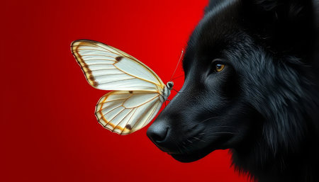 A black dog is looking at a white butterfly. The butterfly is on the dog's nose. The image has a playful and whimsical moodの素材