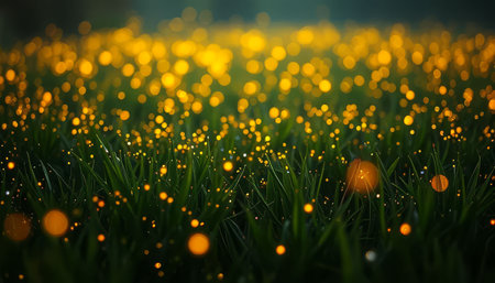 Fireflies glowing in grass at night with a beautiful bokeh effect, creating a dreamy atmosphere. Green and yellow color scheme. Concept of nature's beauty and magicの素材