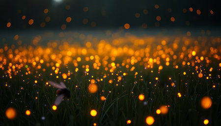 Field of glowing fireflies at dusk, with a soft bokeh effect, creating a magical atmosphere. Nature and beauty concept against a dark backgroundの素材