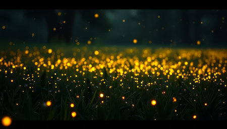 A mesmerizing scene of fireflies illuminating a dark field at night. The bokeh effect creates a dreamy atmosphere, emphasizing the beauty of nature at duskの素材