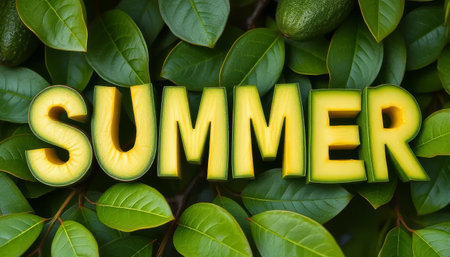 Letters carved from avocado spelling SUMMER on a background of green leaves. Represents freshness and summer seasonの素材