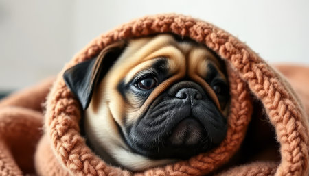 An adorable pug wrapped in a cozy knitted blanket, showing a sad expression. Soft focus, light background. Concept of warmth and comfortの素材
