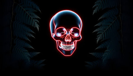 Neon-outlined skull centered with glowing edges, surrounded by dark ferns. Dark background. Concept of eerie and mysterious ambianceの素材