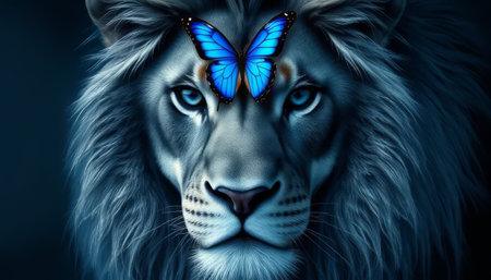 A lion with a butterfly on its head. The lion is looking at the cameraの素材