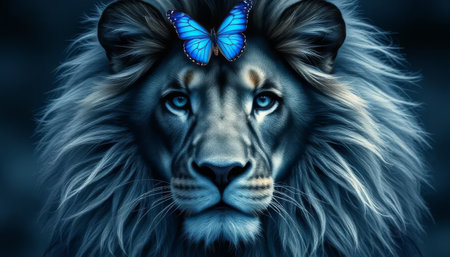 A lion with a blue butterfly on its head. The lion is looking at the camera with serious expressionの素材