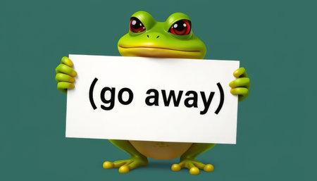 A frog holding a white sign that says Go Away. The frog has an angry expression on its faceの素材