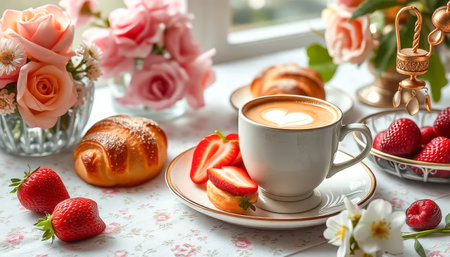 A white coffee cup with a heart on it sits on a table with a plate of strawberries and a pastry. The table is set with a vase of roses and a bowl of raspberriesの素材