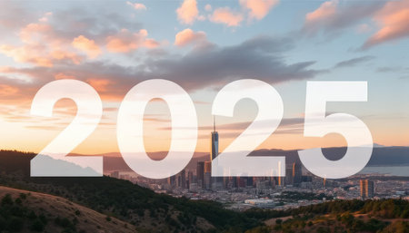 The year is 2025 and the city is in the background. The sky is cloudy and the sun is settingの素材