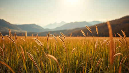 A field of tall grass with a beautiful sunset in the background. The sun is setting behind the mountains, casting a warm glow over the field. The grass is tall and golden, creating a peacefulの素材