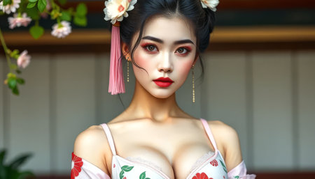 A woman with long black hair and red lips is wearing a pink and white outfit. She is wearing a flower headband and has red lipstickの素材