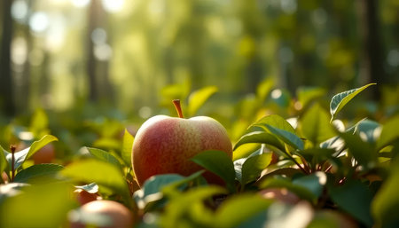 A red apple sits on a leafy green bush. The apple is surrounded by leaves and he is in a natural settingの素材