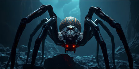 A creepy spider with red eyes is crawling on a rocky surface. The spider is surrounded by darkness, giving it an eerie and unsettling appearanceの素材