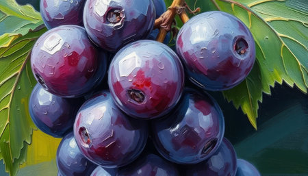 A bunch of grapes with a leaf on top. The grapes are purple and shiny. The leaf is green and has a few small spotsの素材