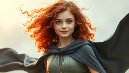 A young girl with red hair and a black cloak. She is smiling and looking at the cameraの素材