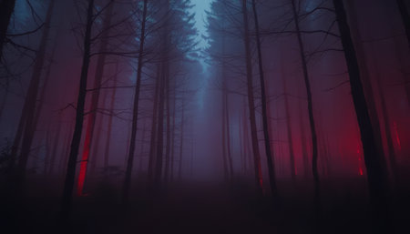 A forest with trees that are glowing red. The forest is dark and mysterious. The red glow of the trees creates an eerie atmosphereの素材