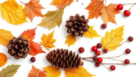 A white background with a variety of autumn leaves and pine cones. The pine cones are brown and the leaves are orangeの素材