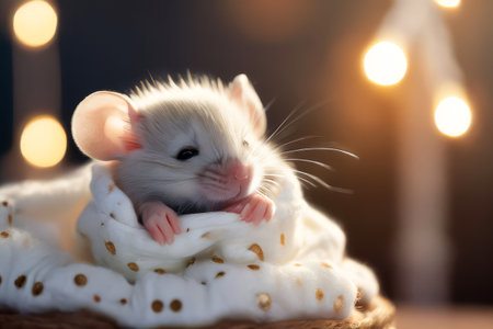 A baby mouse is laying on a blanket. The blanket is white and has gold stars on itの素材