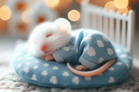 A white mouse is sleeping on a blue pillow. The pillow has a blue and white design. The mouse is wearing a blue shirtの素材