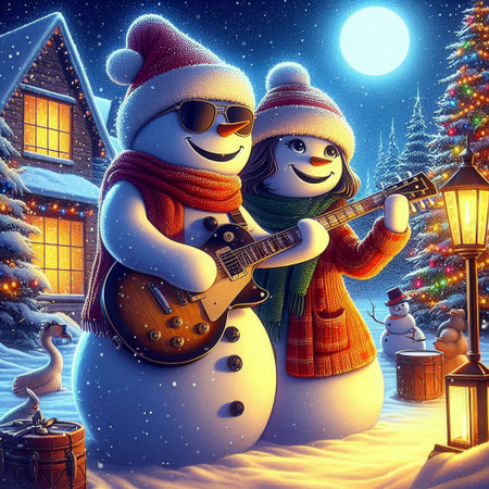 Two snowmen are playing a guitar in front of a house. One of the snowmen is wearing sunglassesの素材