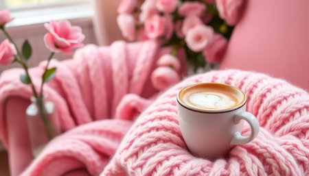 A white coffee cup with a heart on it sits on a pink blanket. The blanket is on a chairの素材