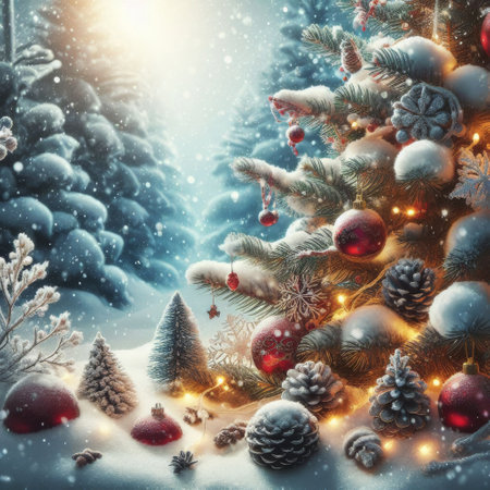 A Christmas tree with red balls and pine cones on the ground. The tree is surrounded by snowの素材