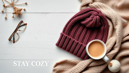 A cup of coffee is on a table with a hat and glasses. The hat is purple and the coffee is hotの素材