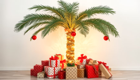 A Christmas tree with lights and ornaments is in front of a pile of presents. The tree is lit up and has a red ribbon on itの素材